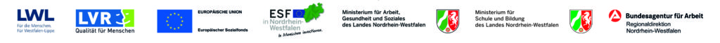 Logo Landschaftverband Westfalen-Lippe, Landschaftsverband Rheinland, Europäische Union, Europäischer Sozialfonds in Nordrhein-Westfalen, Ministerium für Arbeit, Gesundheit und Soziales des Landes Nordrhein-Westfalen, Ministerium für Schule und Bildung des Landes Nordrhein-Westfalen, Bundesagentur für Arbeit Regionaldirektion Nordrhein-Westfalen